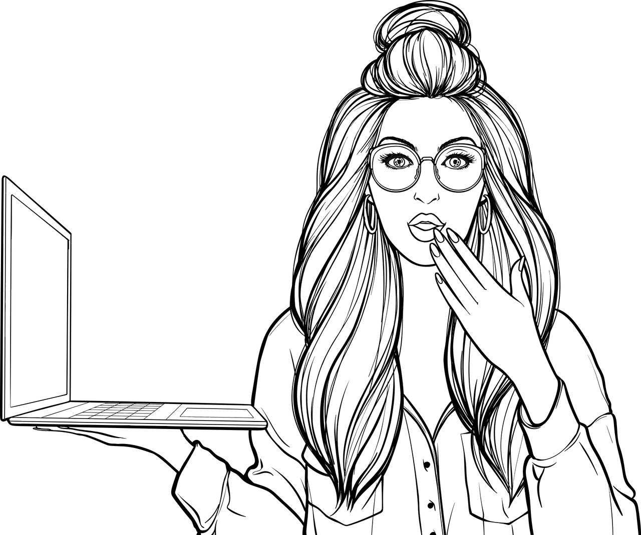 woman, laptop, line art